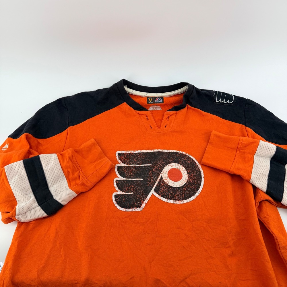 Majestic Philadelphia Flyers Vintage Hockey Henley Shirt XL Orange Black NHL